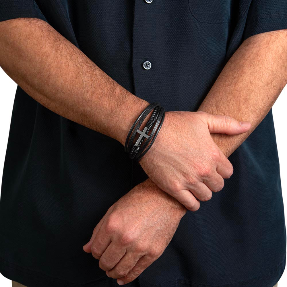To My Grandson - Men's Cross Leather Bracelet