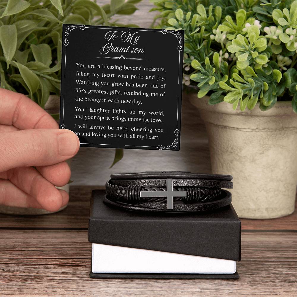 To My Grandson - Men's Cross Leather Bracelet