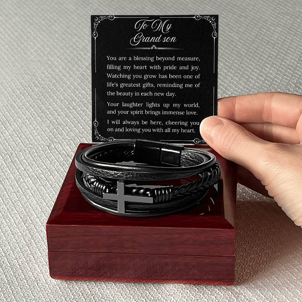 To My Grandson - Men's Cross Leather Bracelet