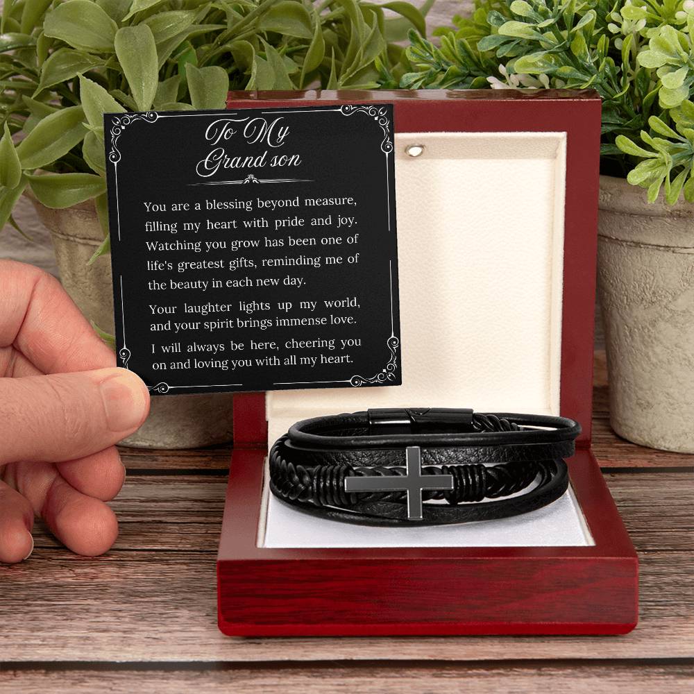 To My Grandson - Men's Cross Leather Bracelet