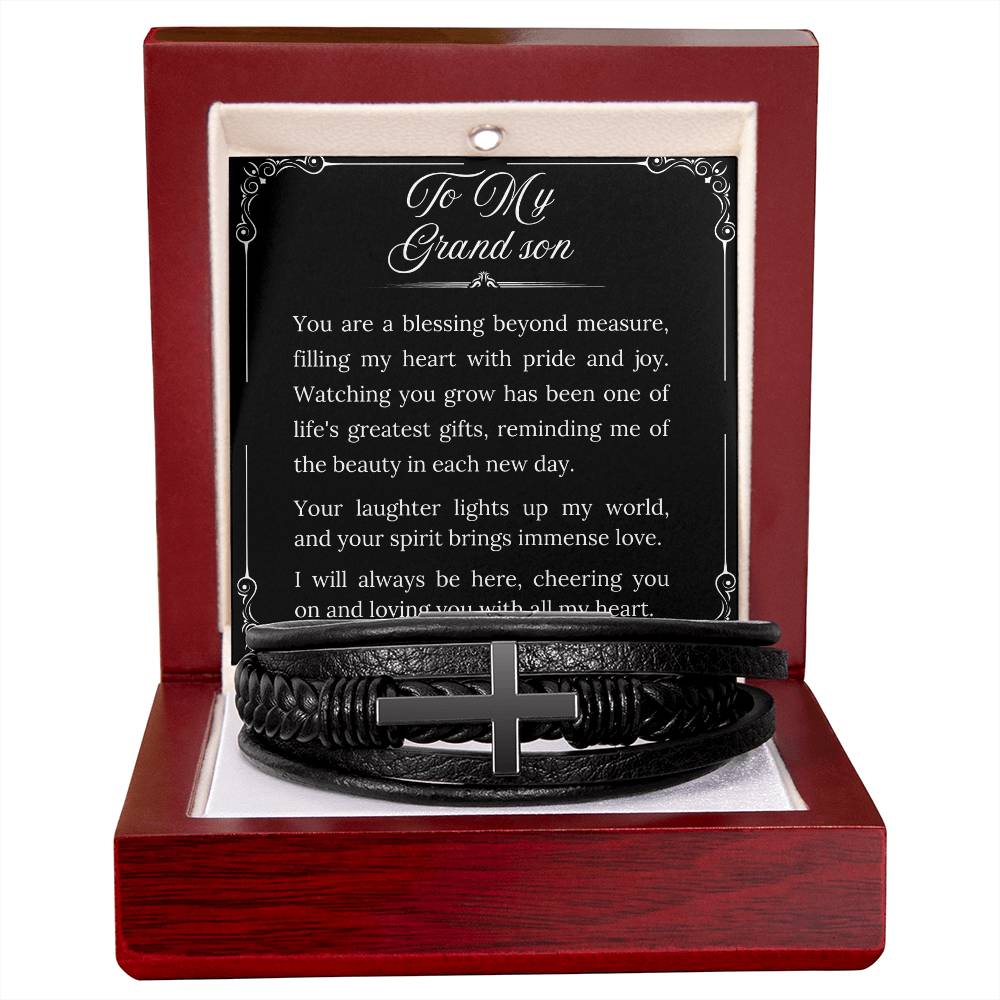 To My Grandson - Men's Cross Leather Bracelet